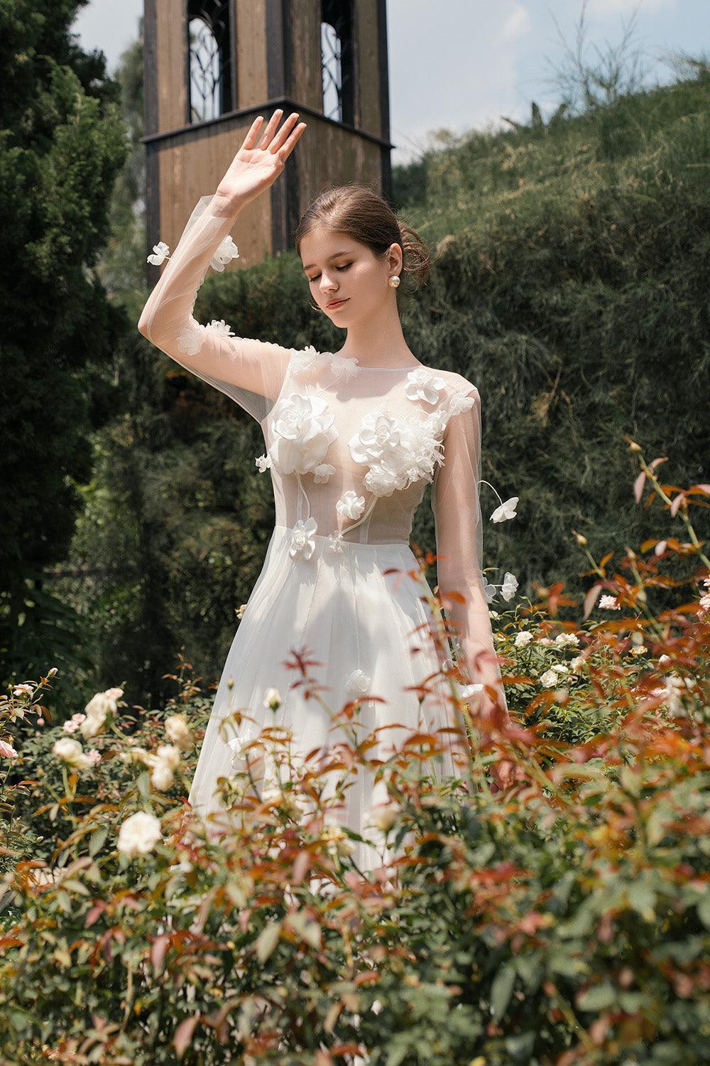 Perany A-line Illusion Neck Foam Organza Floor Length Dress - MEAN BLVD