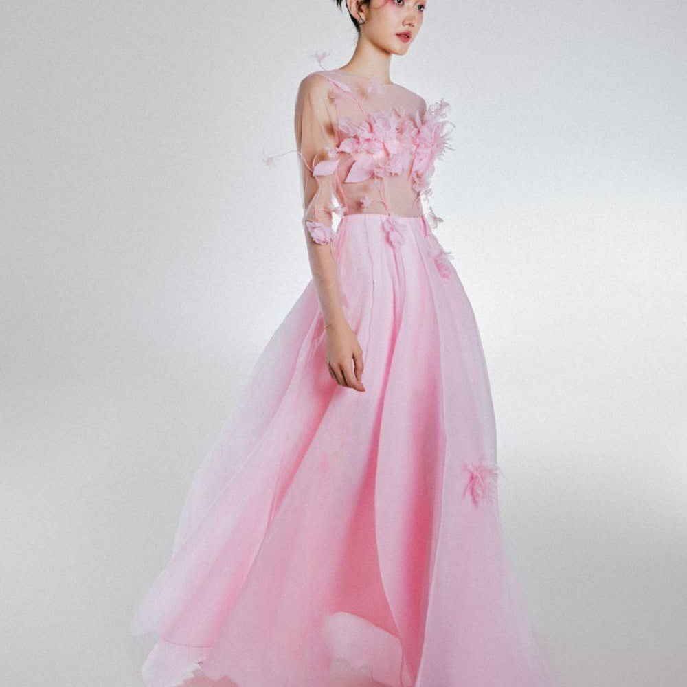 Perany A-line Illusion Neck Foam Organza Floor Length Dress - MEAN BLVD