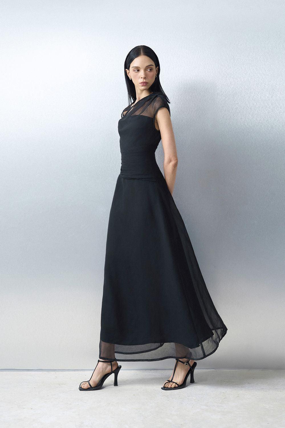 Women's Perla A-line Asymmetric Neck Silk Ankle Length Dress S/M/L/XL Yellow/Pink/Black MEAN BLVD Women's Perla A-line Asymmetric Neck Silk Ankle Length Dress S/M/L/XL Yellow/Pink/Black MEAN BLVD