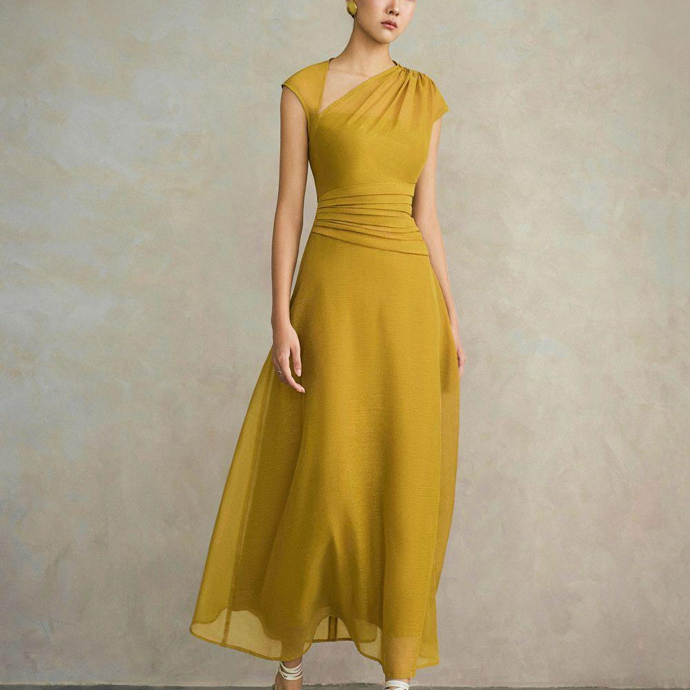 Perla A-line Asymmetric Neck Silk Ankle Length Dress - MEAN BLVD