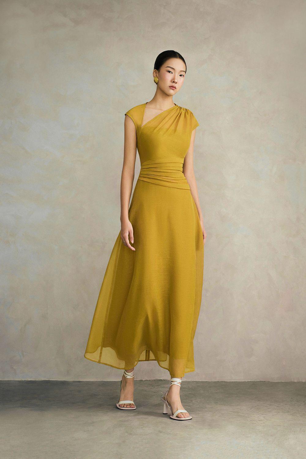 Women's Perla A-line Asymmetric Neck Silk Ankle Length Dress S/M/L/XL Yellow/Pink/Black MEAN BLVD Yellow / Customize Women's Perla A-line Asymmetric Neck Silk Ankle Length Dress S/M/L/XL Yellow/Pink/Black MEAN BLVD Yellow / Customize