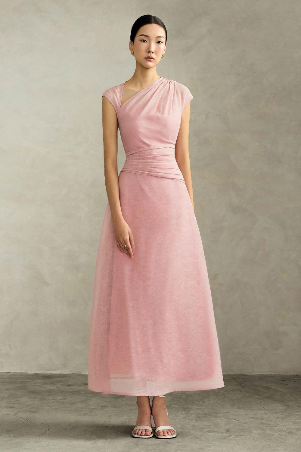 Perla A-line Asymmetric Neck Silk Ankle Length Dress