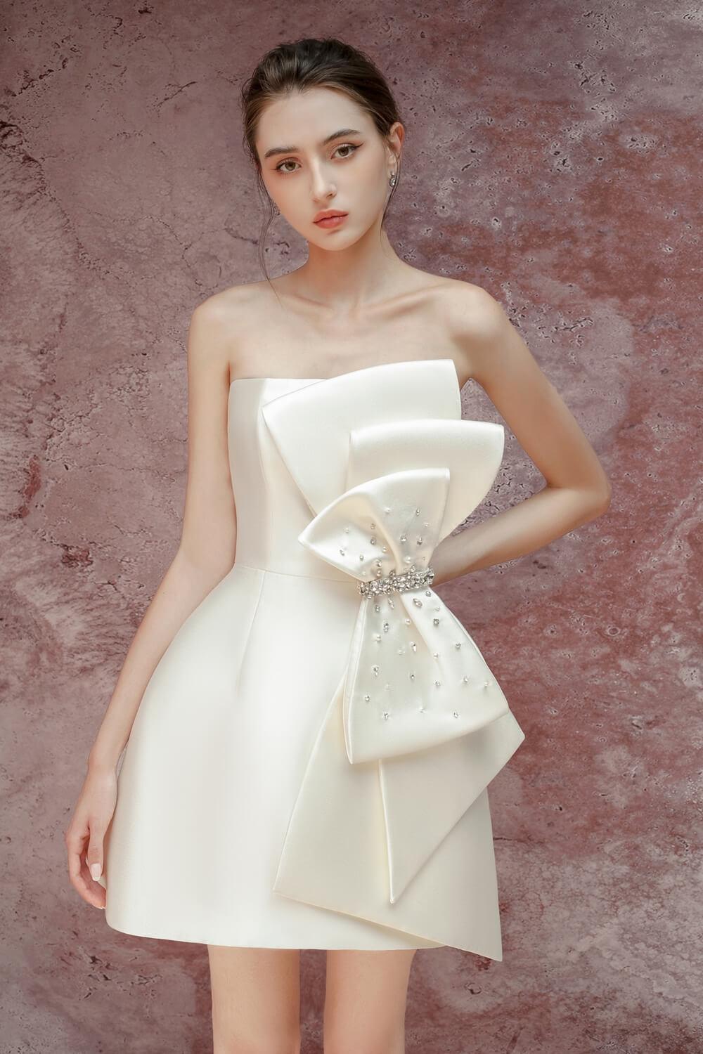 Phoebe Strapless Bow Mini Dress (White) – Cleo Centric