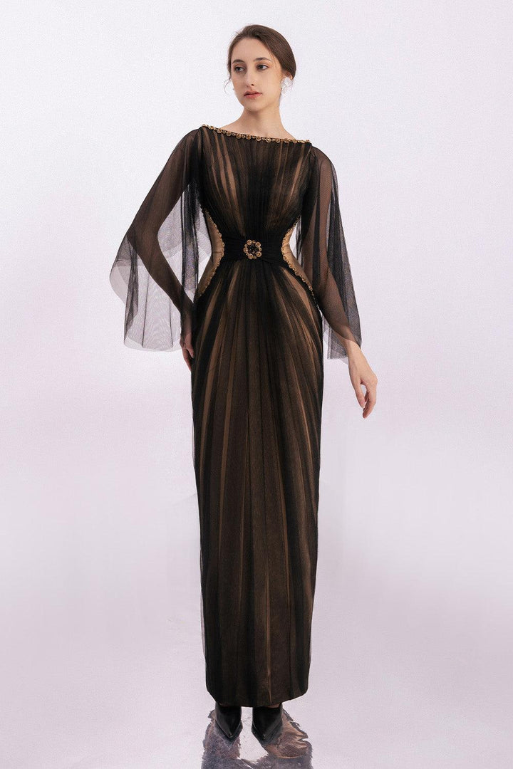 Pierce Pegged Boat Neck Mesh Silk Floor Length Dress - MEAN BLVD