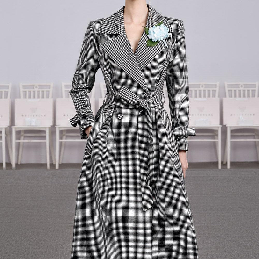 Women's Pizza A-line V-Neck Cotton Ankle Length Trench Coat S/M/L/Customize Grey Plaid MEAN BLVD M / Grey / Plaid Women's Pizza A-line V-Neck Cotton Ankle Length Trench Coat S/M/L/Customize Grey Plaid MEAN BLVD M / Grey / Plaid