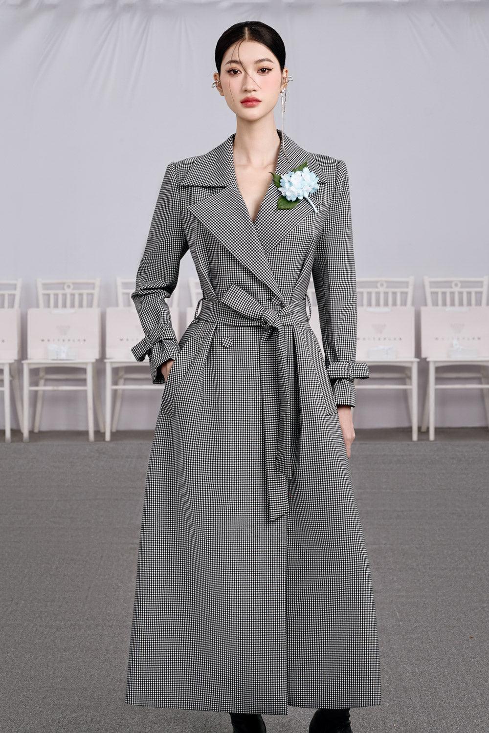 Women's Pizza A-Line V-Neck Cotton Ankle Length Trench Coat S/M/L/Customize Grey Plaid Mean Blvd M / Grey / Plaid Women's Pizza A-Line V-Neck Cotton Ankle Length Trench Coat S/M/L/Customize Grey Plaid Mean Blvd M / Grey / Plaid