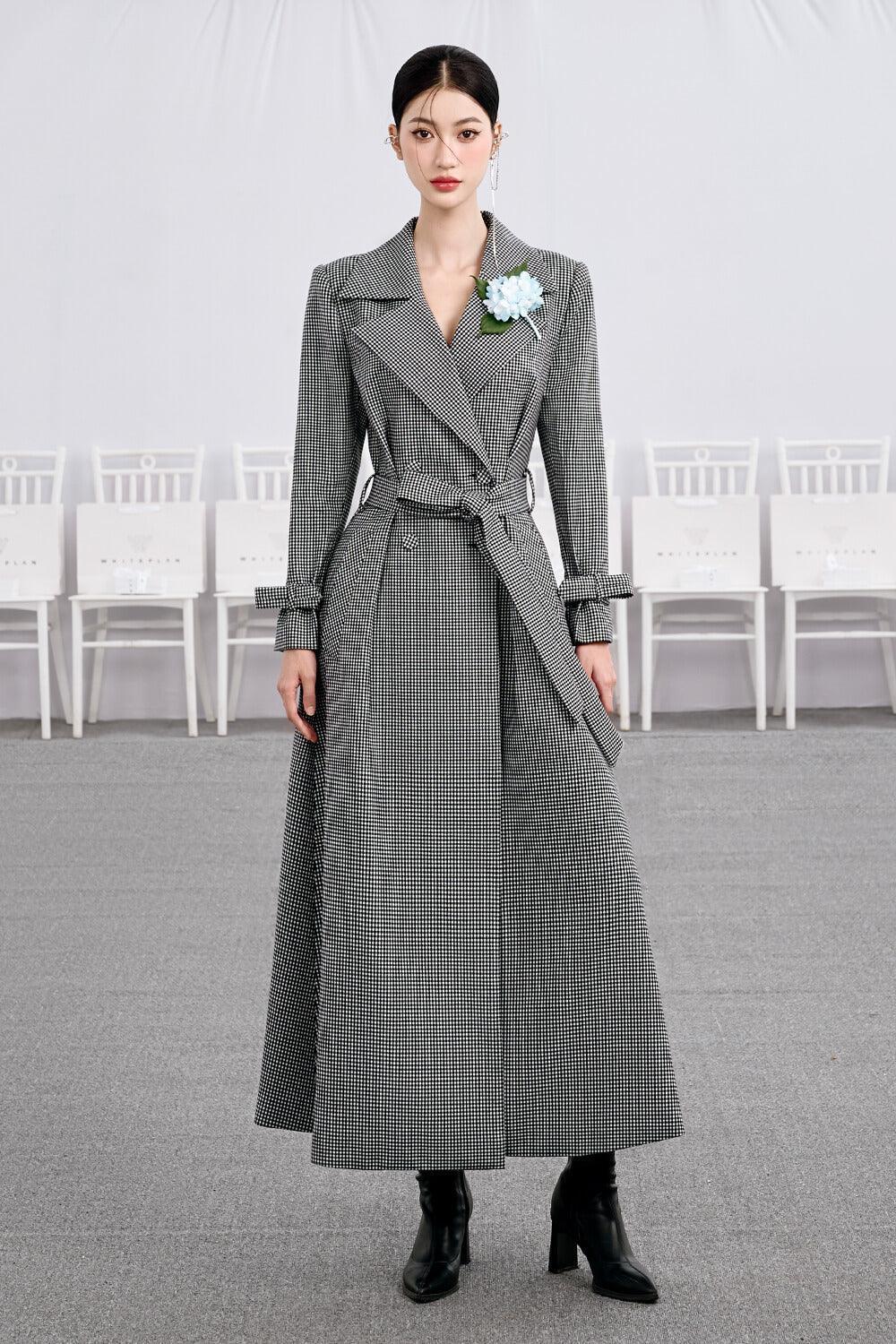 Women's Pizza A-Line V-Neck Cotton Ankle Length Trench Coat S/M/L/Customize Grey Plaid Mean Blvd M / Grey / Plaid Women's Pizza A-Line V-Neck Cotton Ankle Length Trench Coat S/M/L/Customize Grey Plaid Mean Blvd M / Grey / Plaid