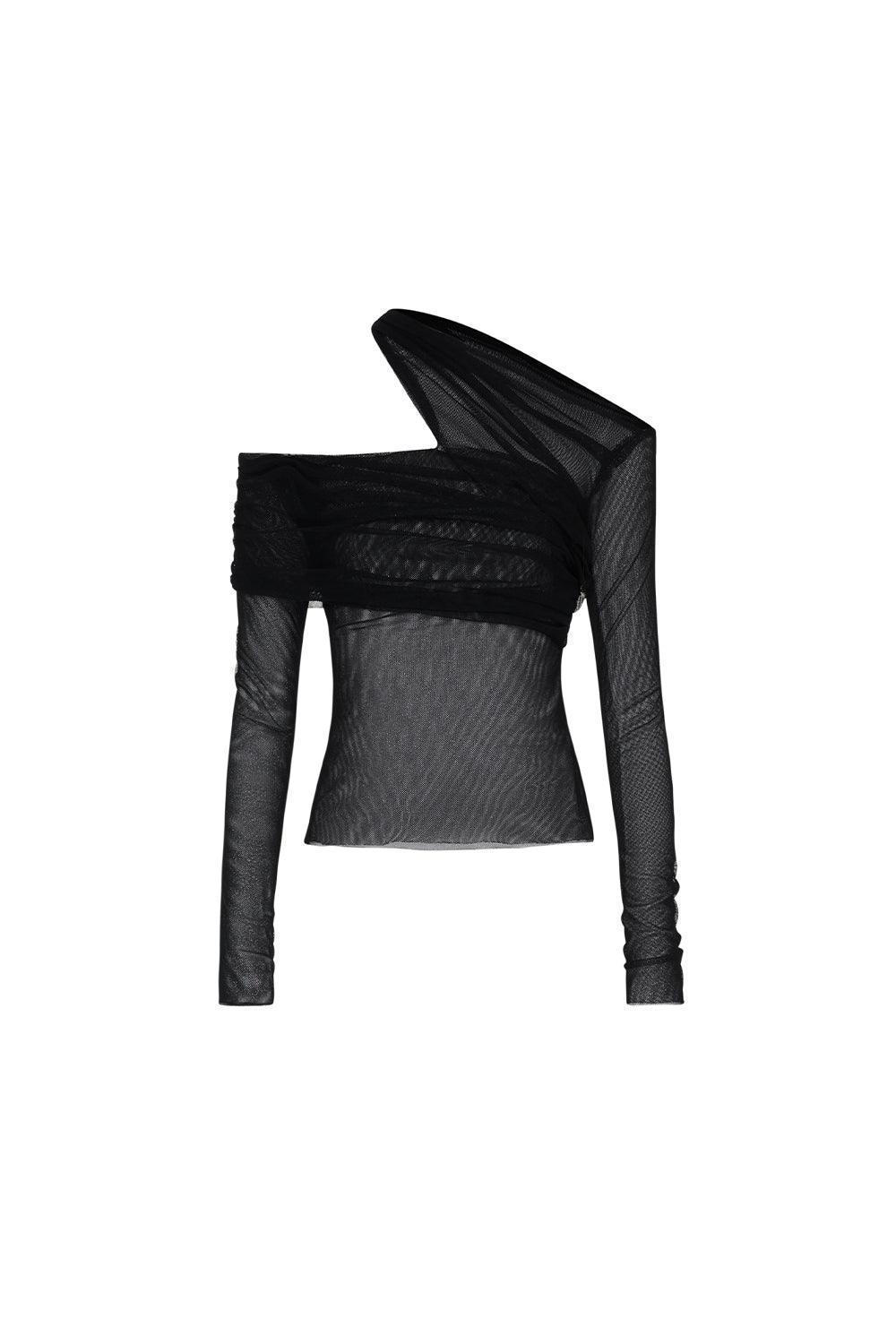 Platine Bodycon Asymmetric Neck Tulle Top - MEAN BLVD