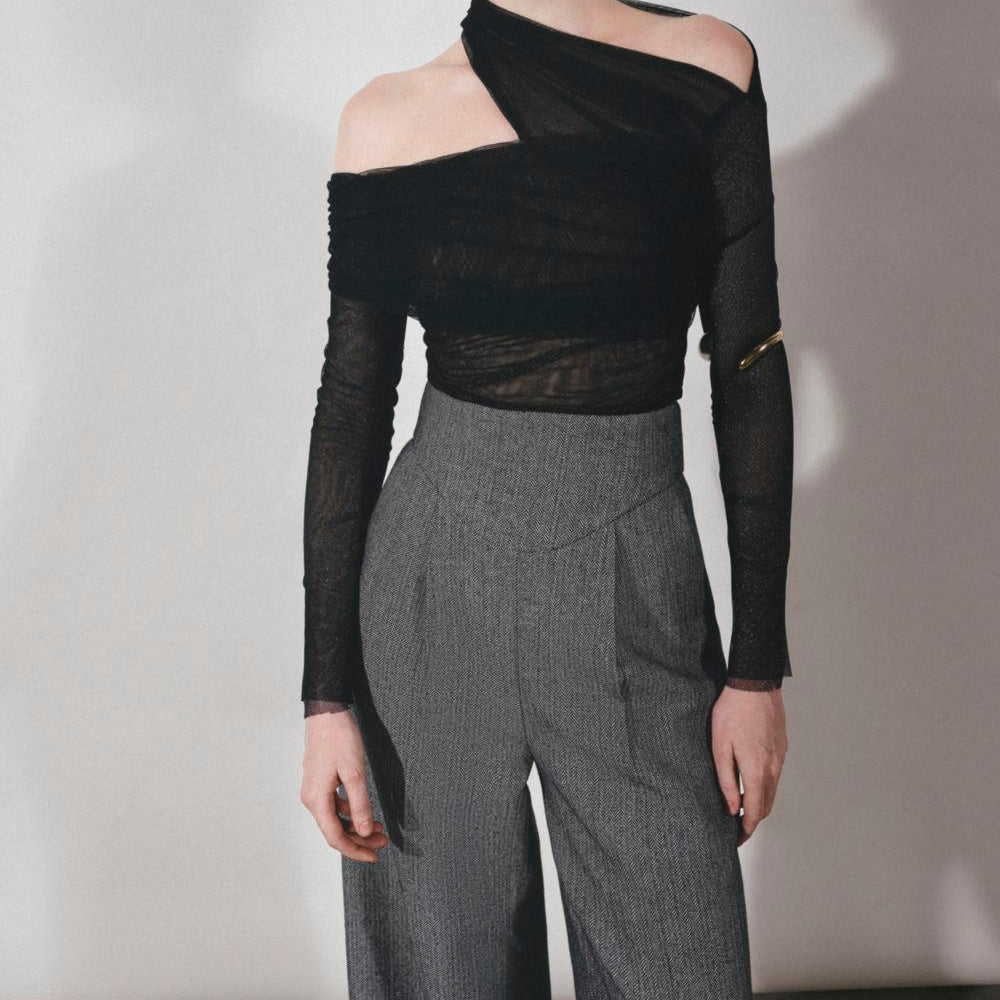 Platine Bodycon Asymmetric Neck Tulle Top - MEAN BLVD