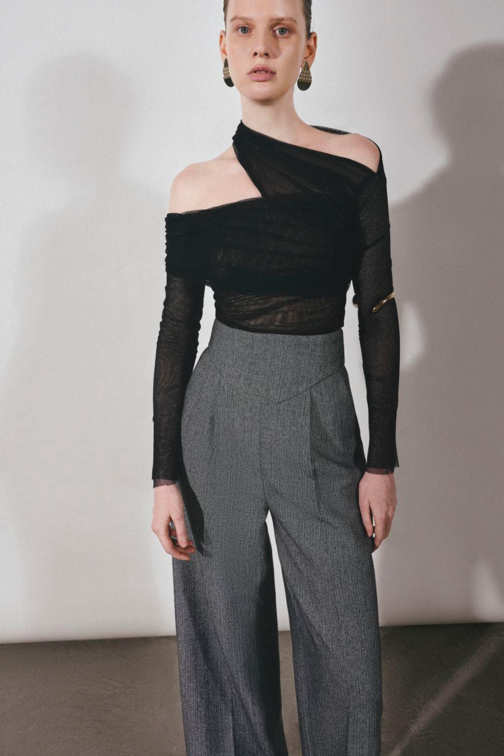 Platine Bodycon Asymmetric Neck Tulle Top - MEAN BLVD