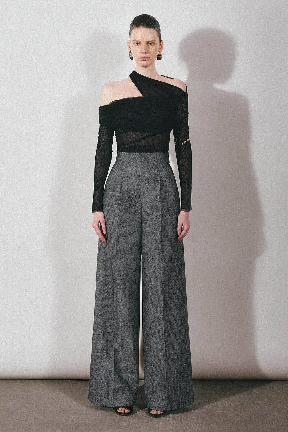 Platine Bodycon Asymmetric Neck Tulle Top - MEAN BLVD
