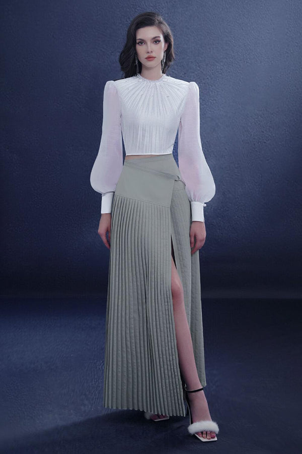 Plushara Slit Pleated Khaki Floor Length Skirt - MEAN BLVD