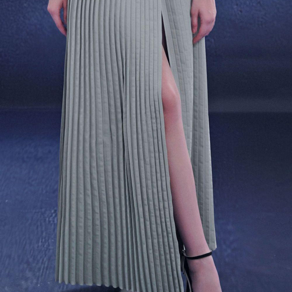 Plushara Slit Pleated Khaki Floor Length Skirt - MEAN BLVD