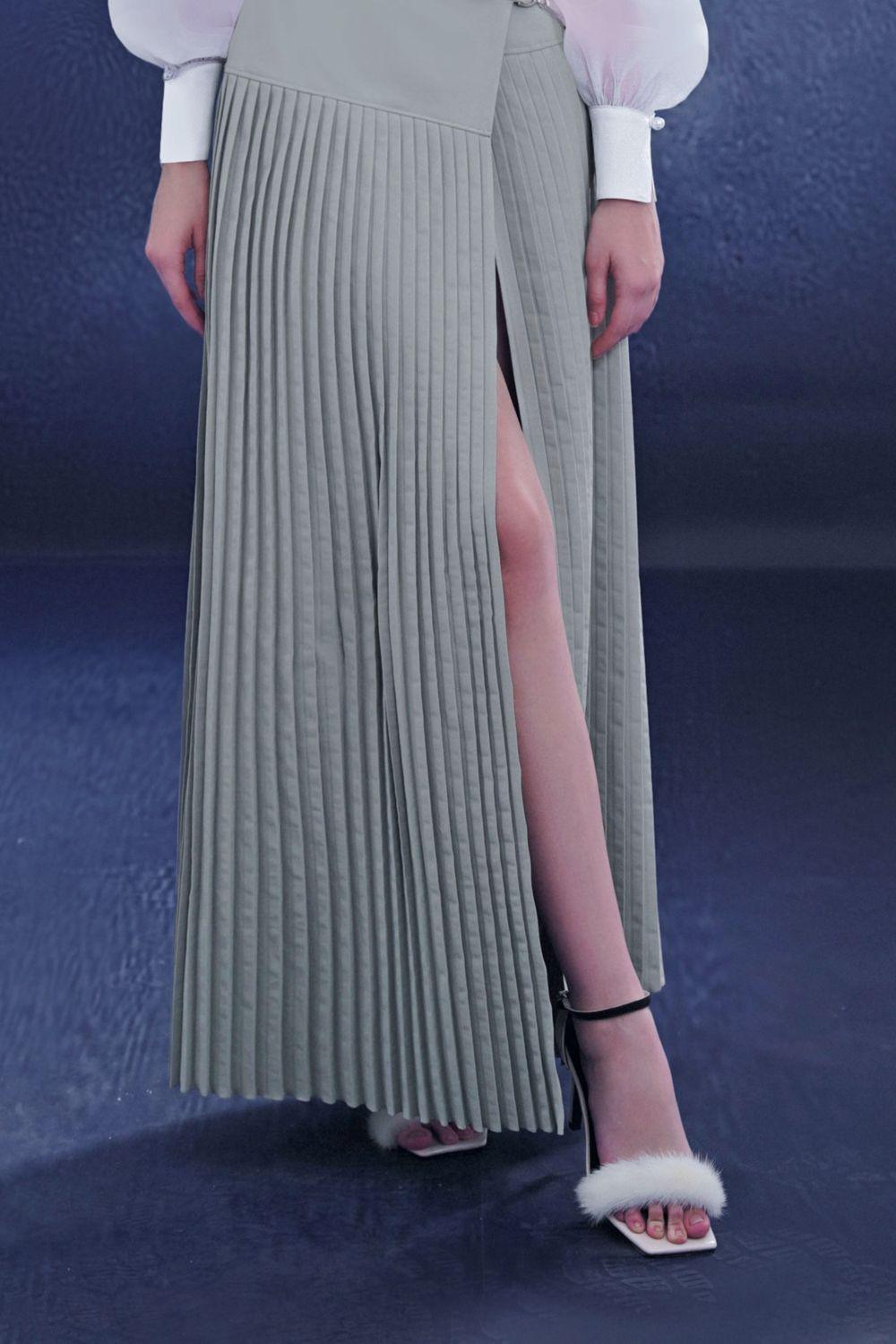 Plushara Slit Pleated Khaki Floor Length Skirt - MEAN BLVD