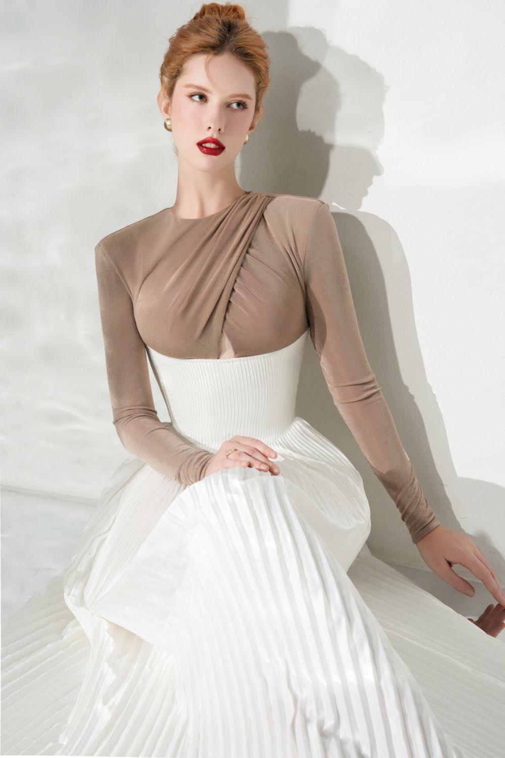 Women's Poise Pleated Crossover Satin Ankle Length Dress S/M/L Brown and White MEAN BLVD, Brown and White / S