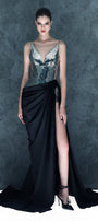 Polaris Slit V-Neck Mesh Silk Floor Length Dress - MEAN BLVD
