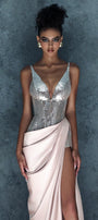 Polaris Slit V-Neck Mesh Silk Floor Length Dress - MEAN BLVD