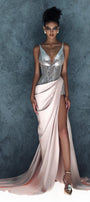 Polaris Slit V-Neck Mesh Silk Floor Length Dress - MEAN BLVD