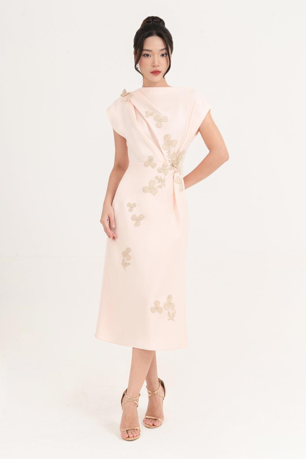 Posy Sheath Asymmetric Neck Taffeta Midi Dress - MEAN BLVD