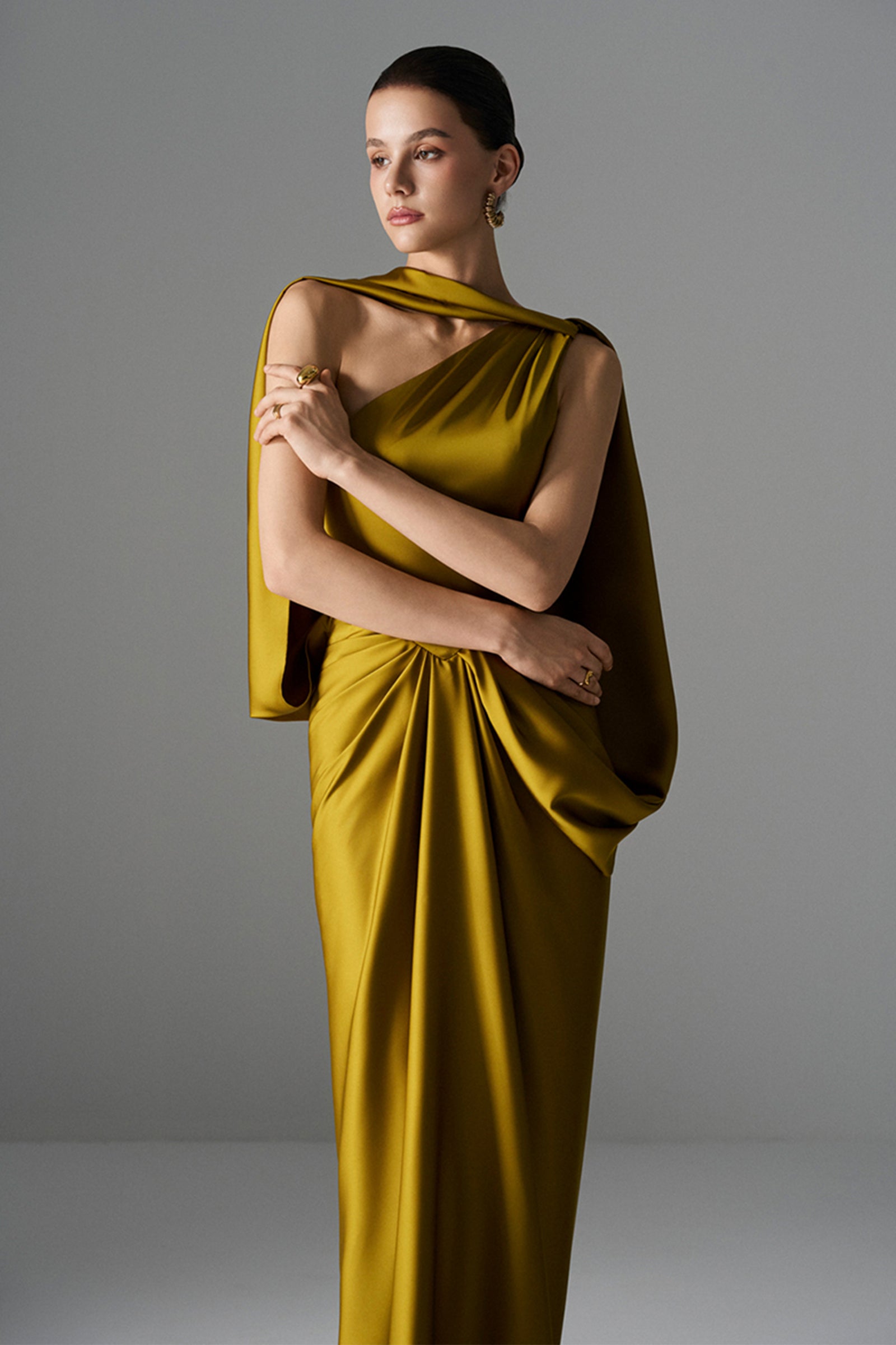 goddess satin dress Fitted Illusion V-Neck Satin Gown by Cinderella Divine 7489