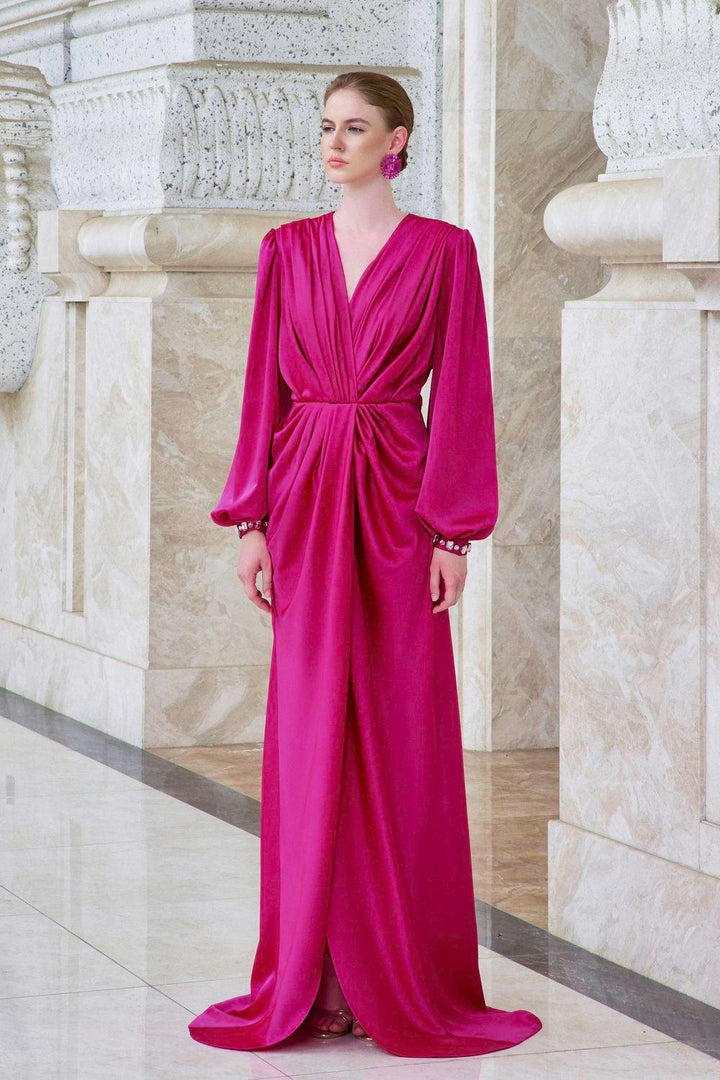 Prelude Slit Bishop Sleeved Satin Floor Length Dress - MEAN BLVD
