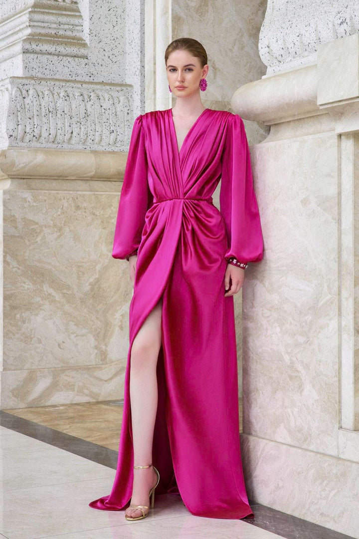 Prelude Slit Bishop Sleeved Satin Floor Length Dress - MEAN BLVD