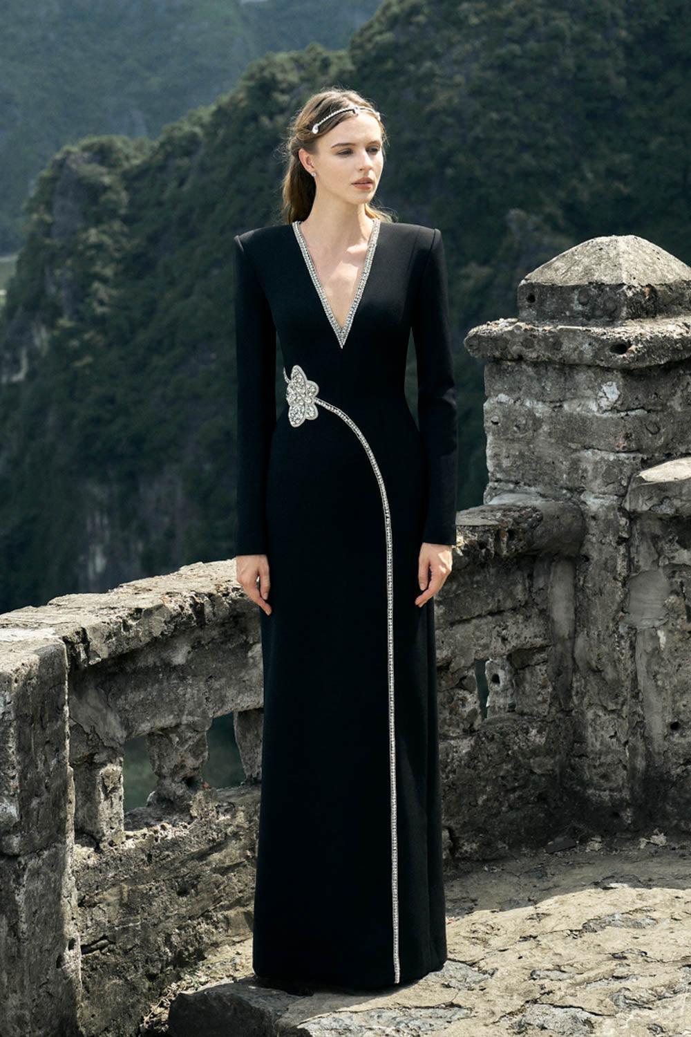 Presley A-line V-Neck Velvet Floor Length Dress Customize / Black