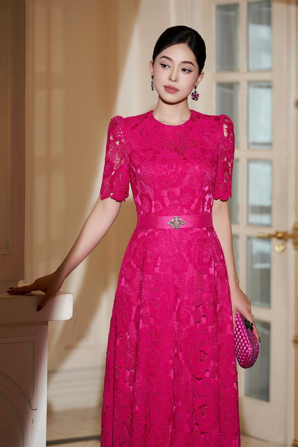 Women's Primrose A-line Round Neck Lace Floor Length Dress S/M/L/XL Pink Fuchsia MEAN BLVD, Pink Fuchsia / S Women's Primrose A-line Round Neck Lace Floor Length Dress S/M/L/XL Pink Fuchsia MEAN BLVD, Pink Fuchsia / S