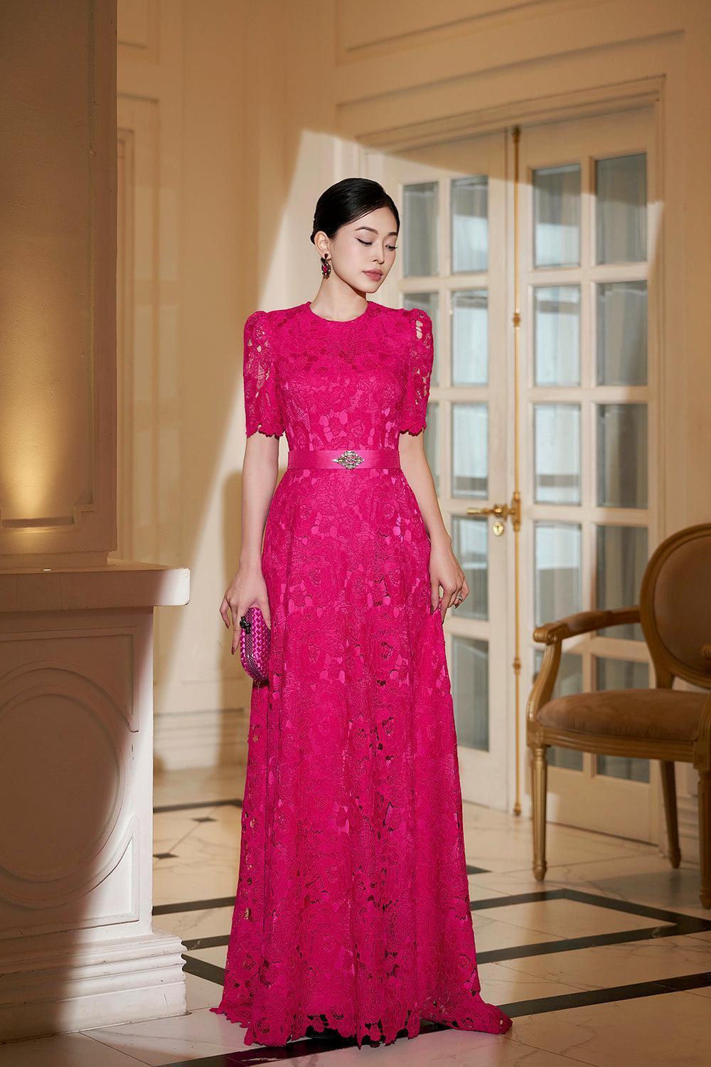 emotions dress to impress Women's Primrose A-line Round Neck Lace Floor Length Dress S/M/L/XL Pink  Fuchsia MEAN BLVD