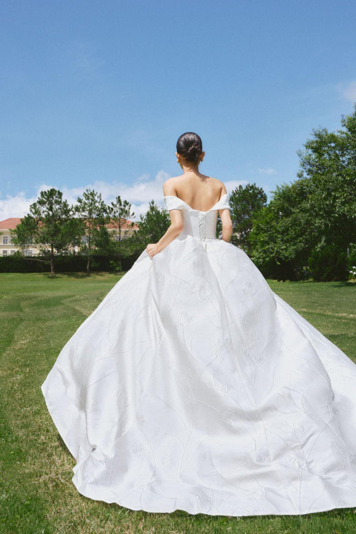 Priscilla Ball Gown Off-Shoulder Brocade Floor Length Dress - MEAN BLVD