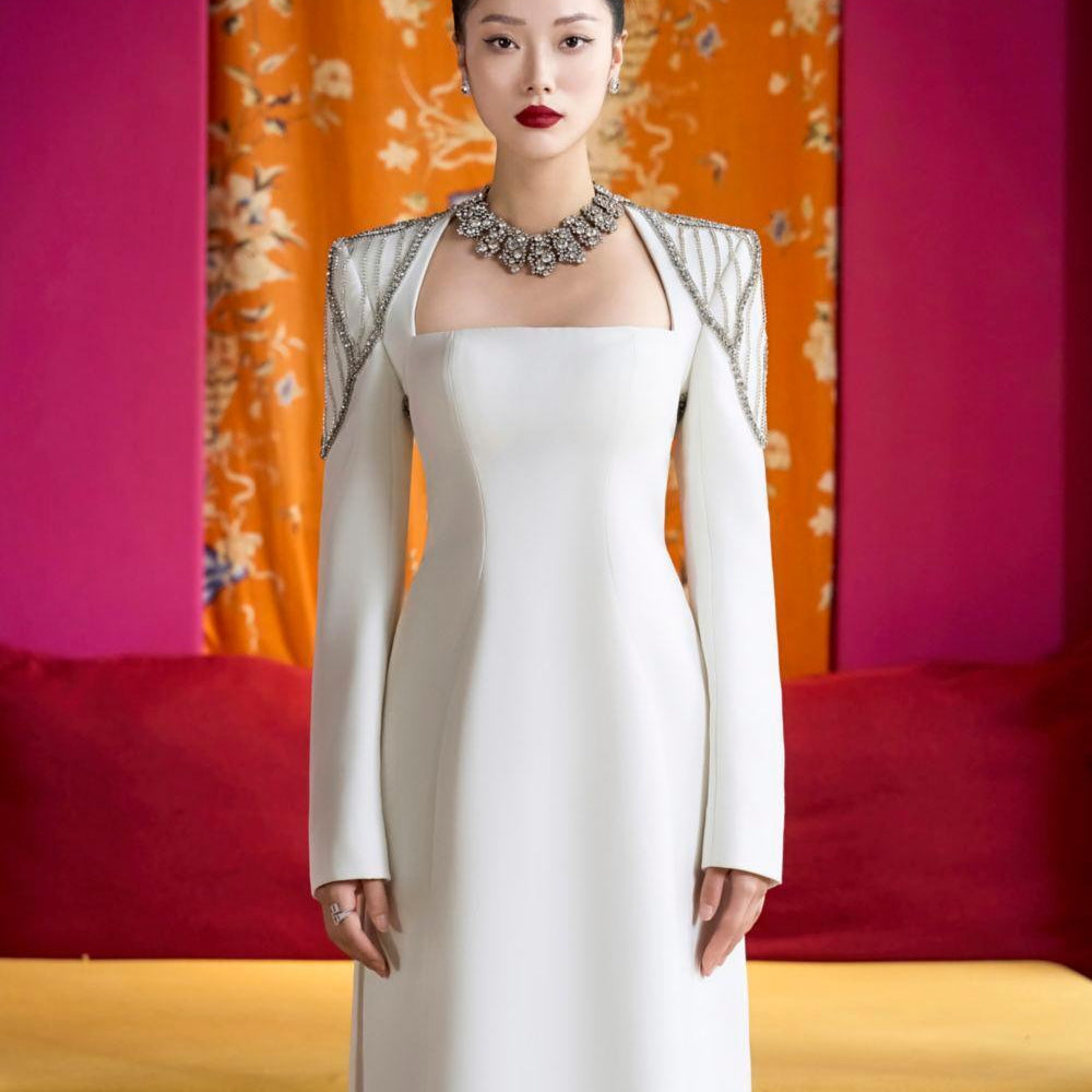 Prosper A-line Queen Anne Neck Velvet Satin Floor Length Ao Dai - MEAN BLVD