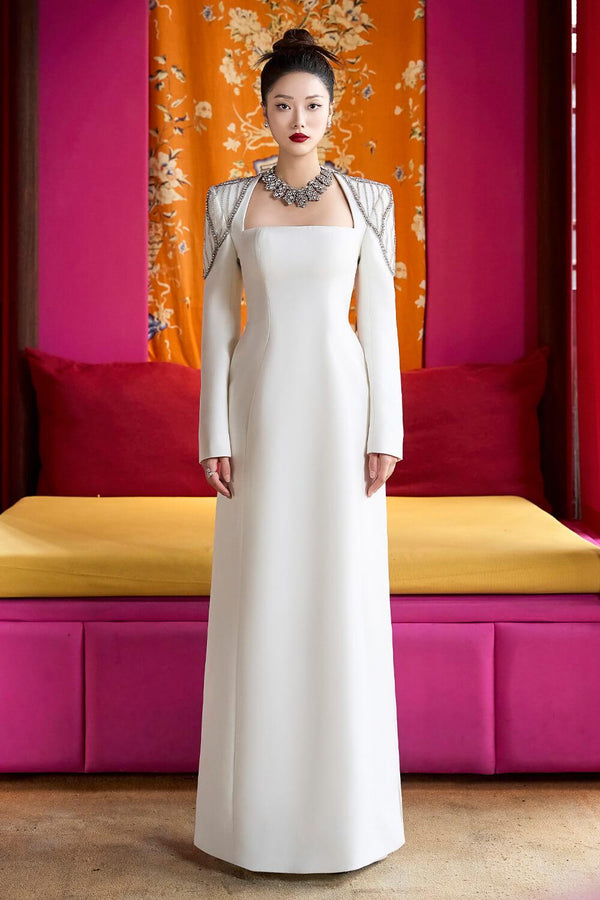 Prosper A-line Queen Anne Neck Velvet Satin Maxi Dress - MEAN BLVD