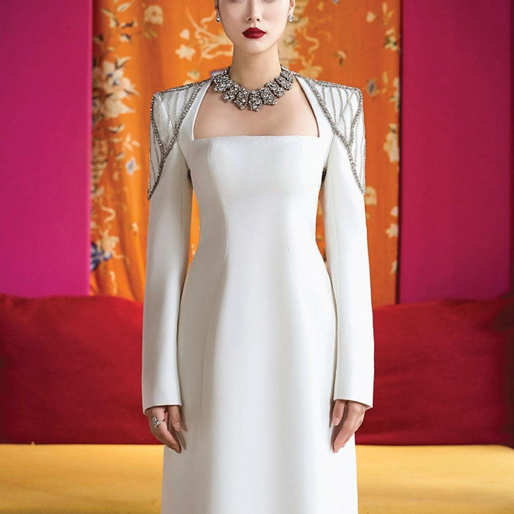 Prosper A-line Queen Anne Neck Velvet Satin Maxi Dress - MEAN BLVD