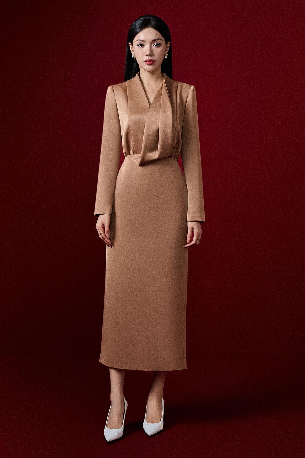 Quinn Sheath Long Sleeved Taffeta Midi Dress - MEAN BLVD