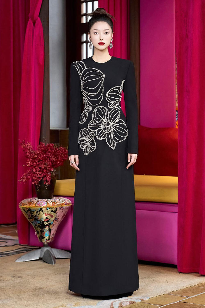 Radiax Sheath Round Neck Velvet Satin Floor Length Ao Dai - MEAN BLVD