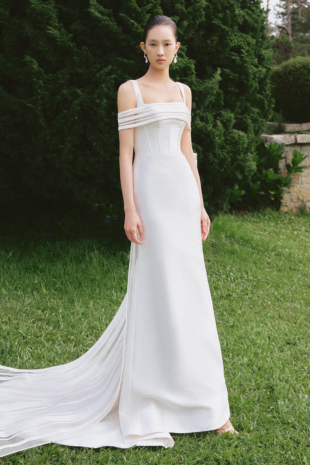 cold shoulder silk dress Tanner Trumpet Cold Shoulder Sleeved Silk Organza Floor Length Dress