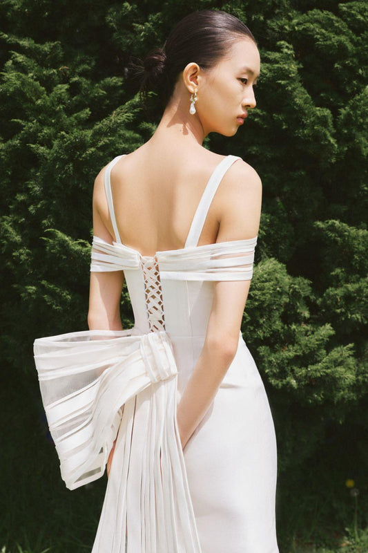 Rattan Trumpet Cold Shoulder Sleeved Silk Floor Length Dress - MEAN BLVD