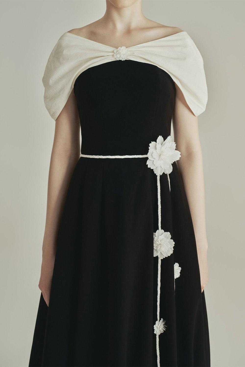 Women's Raven A-line Off-Shoulder Poly Silk Midi Dress XS/S/M/L/XL/Customize Black and White MEAN BLVD, Black and White / XS