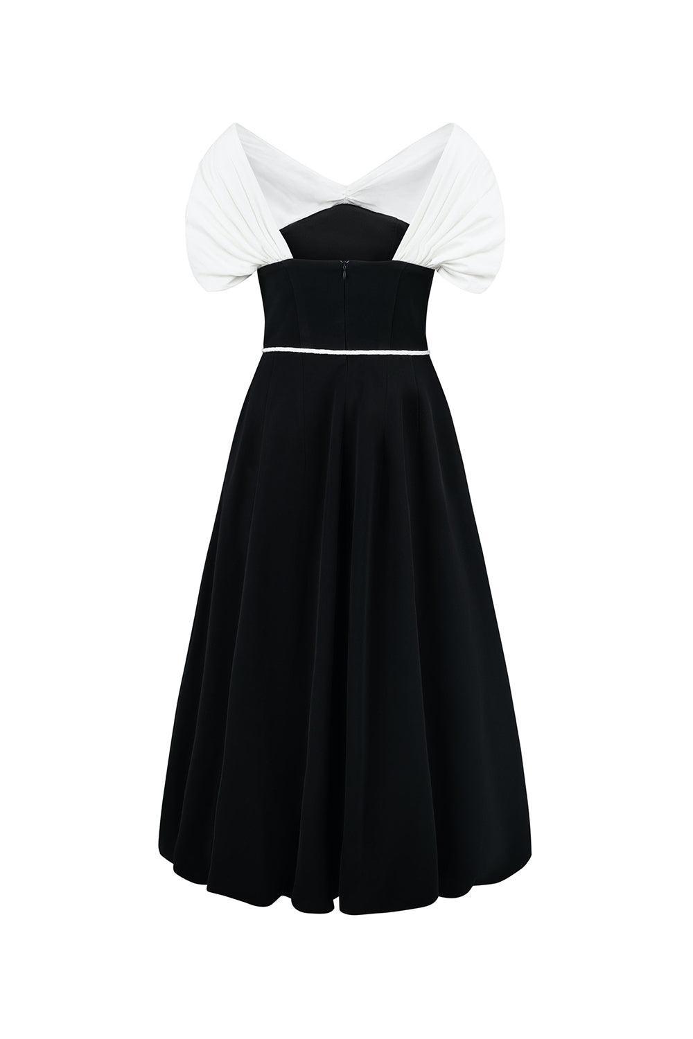 Women's Raven A-line Off-Shoulder Poly Silk Midi Dress XS/S/M/L/XL/Customize Black and White MEAN BLVD Black and White / M Women's Raven A-line Off-Shoulder Poly Silk Midi Dress XS/S/M/L/XL/Customize Black and White MEAN BLVD Black and White / M