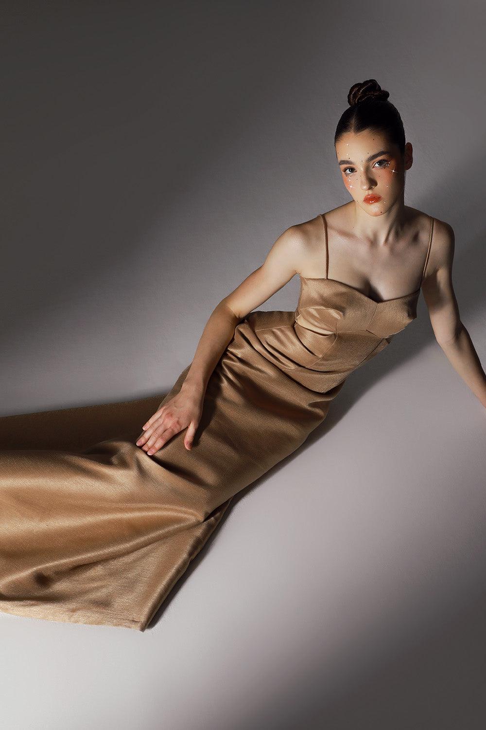 Ravish A-line Spaghetti Strap Brocade Floor Length Dress - Brown / 2 Ravish A-line Spaghetti Strap Brocade Floor Length Dress - Brown / 2