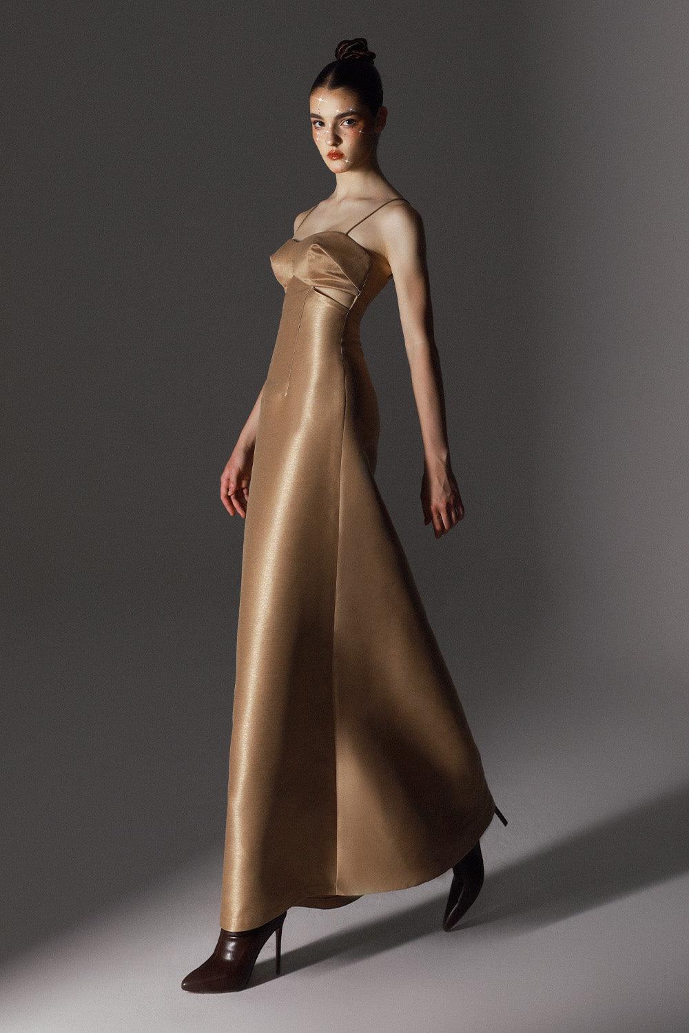 Ravish A-line Spaghetti Strap Brocade Floor Length Dress - Brown / 2