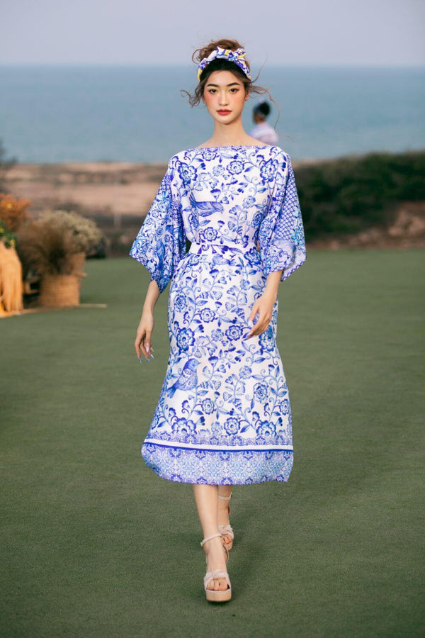 Rebecca A-line Kimono Sleeved Latin Silk Midi Dress - MEAN BLVD