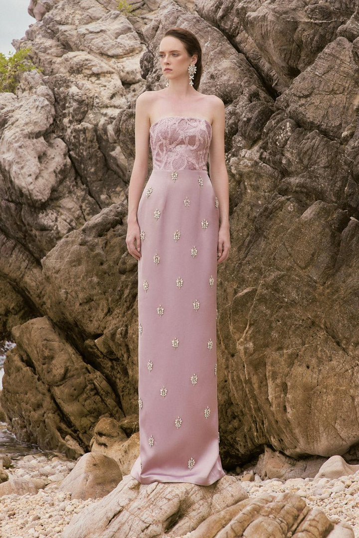 Rebecca Strapless Back Slit Mesh Lace Floor Length Dress - MEAN BLVD