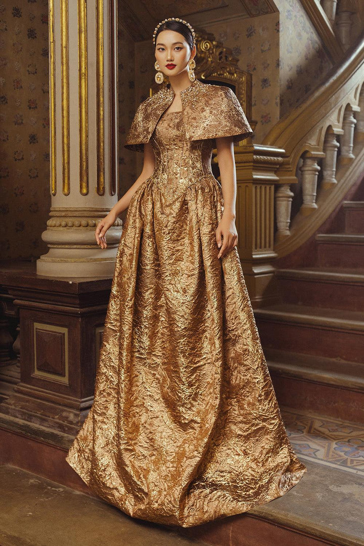 Regal Majesty Ball Gown Cape Sleeved Jacquard Floor Length Set - MEAN BLVD