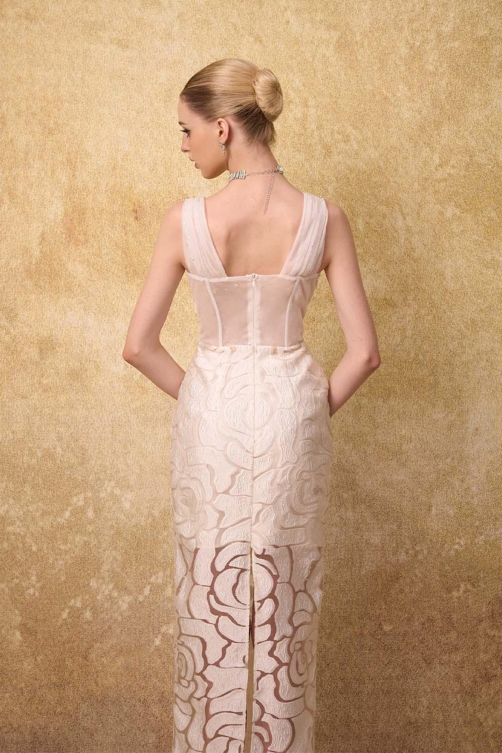 Regalia Sheath Cape Shoulder Mesh Lace Ankle Length Dress - MEAN BLVD