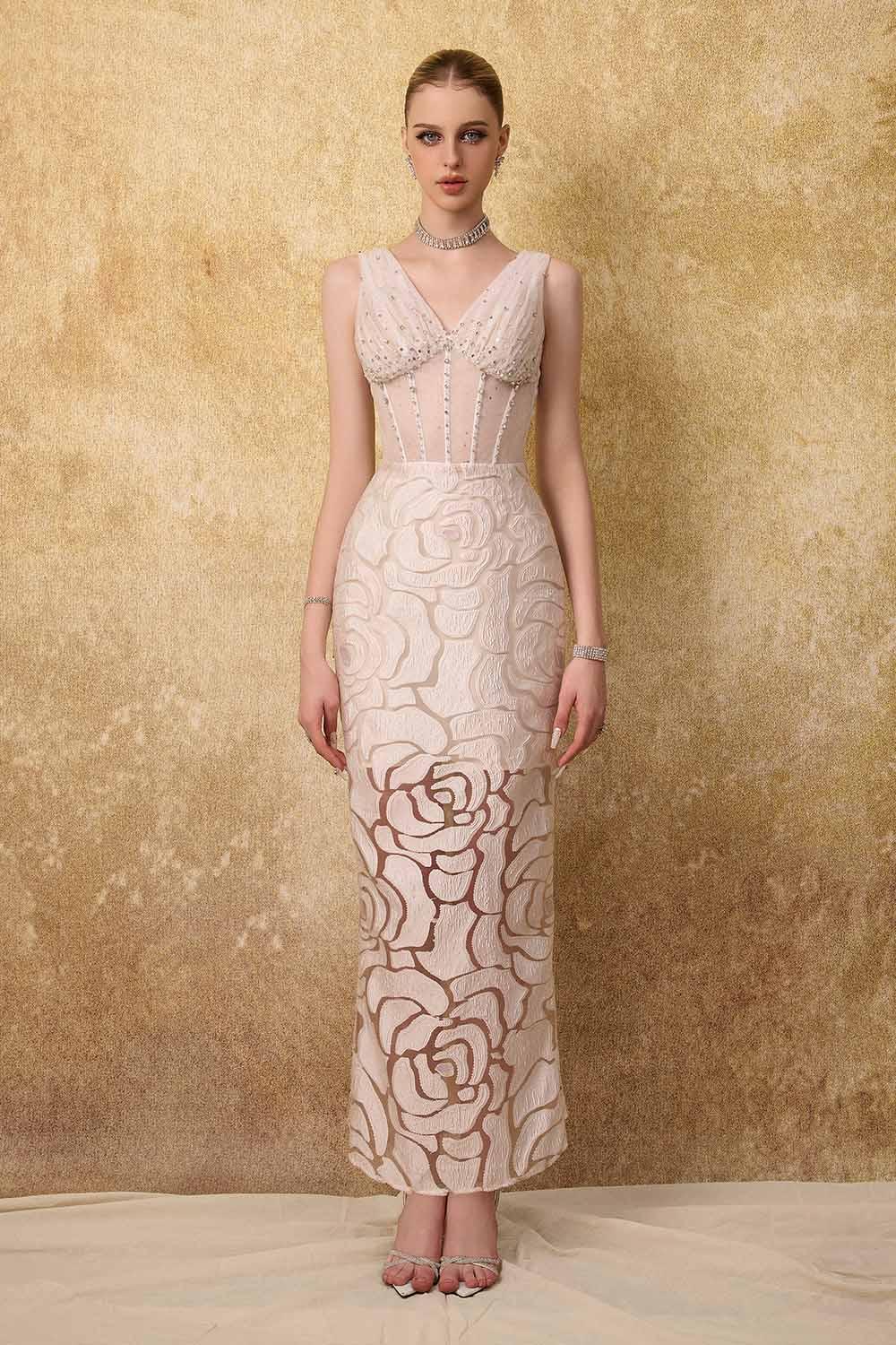 Regalia Sheath Cape Shoulder Mesh Lace Ankle Length Dress - MEAN BLVD