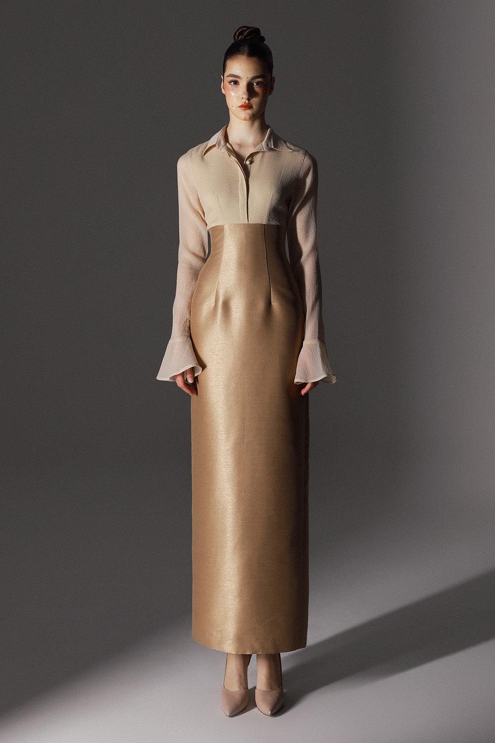 Reign Sheath Poet Sleeved Brocade Silk Ankle Length Dress Brown / 1