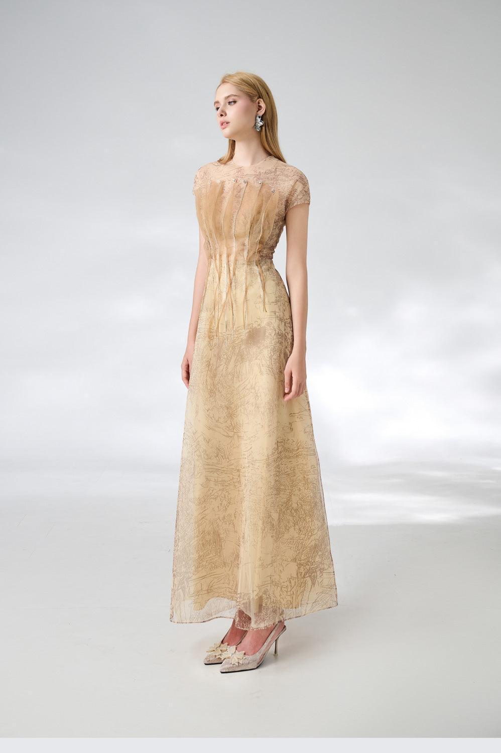 Women's Reilly A-Line Jewel Neck Organza Ankle Length Dress XS/S/M/L/XL/Customize Beige Mean Blvd Customize / Beige / Printed