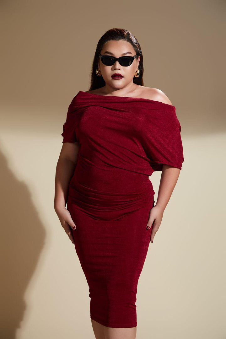 Reina Bodycon Off-Shoulder Polyester Spandex Midi Dress - MEAN BLVD