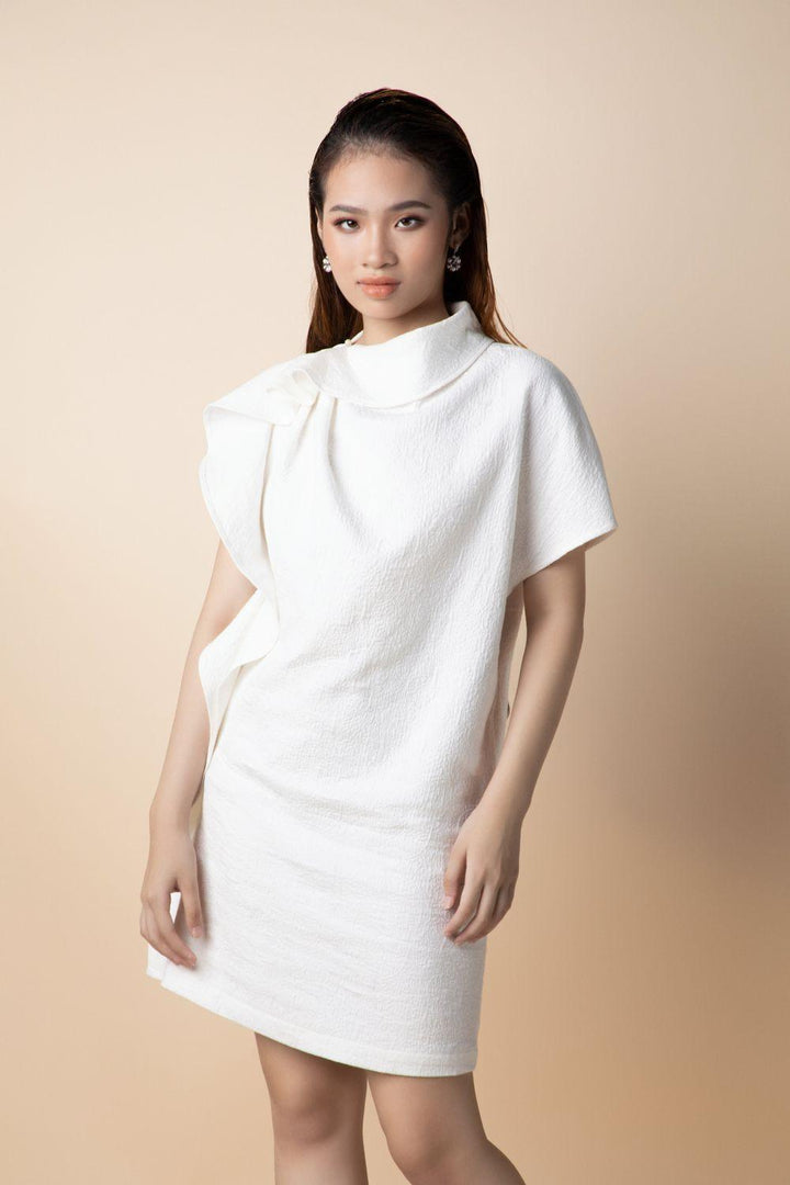 Reina Straight Asymmetric Sleeved Brocade Mini Dress - MEAN BLVD